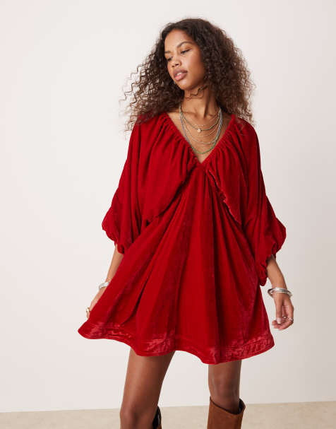 Free People velvet balloon sleeve mini dress in red - view 1