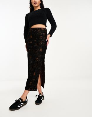Free People velvet burnout midi skirt in black - ASOS Price Checker