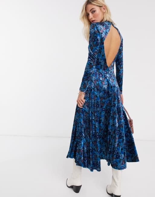 Blue floral 2025 velvet dress