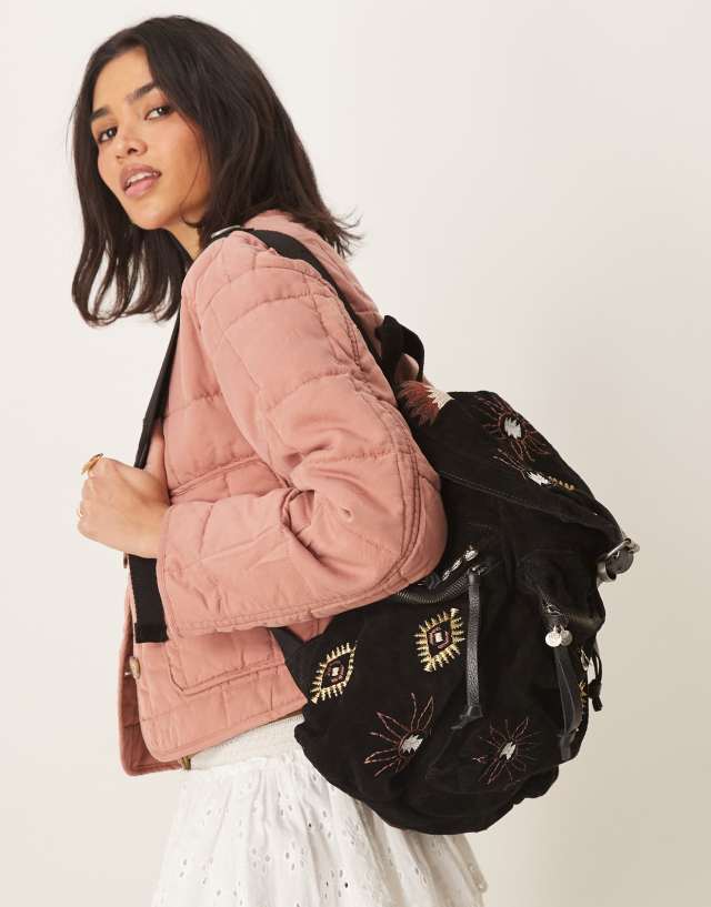 Free People Versaille velvet embellished boho backpack in black | ASOS