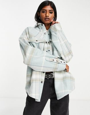 Free People oversized checked trucker jacket in green - ASOS Price Checker