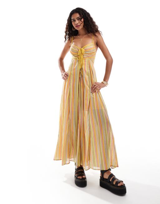 Free People - Vestito lungo con spalline sottili giallo multicolore in popeline a righe