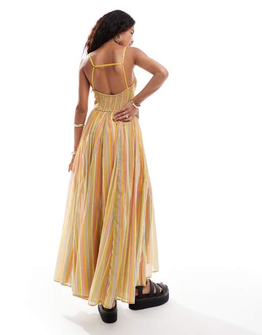 Free People - Vestito lungo con spalline sottili giallo multicolore in popeline a righe, 2 di 4