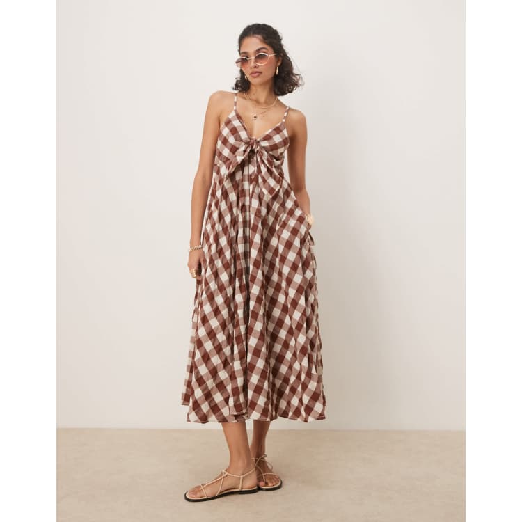 Free People via gingham cami midi dress in brown ASOS