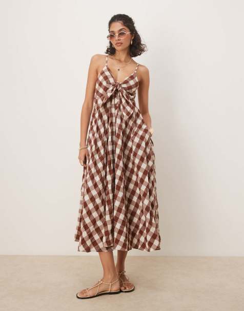 Free People via gingham cami midi dress in brown