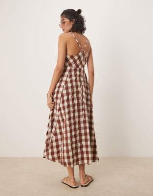 Free People via gingham cami midi dress in brown | ASOS