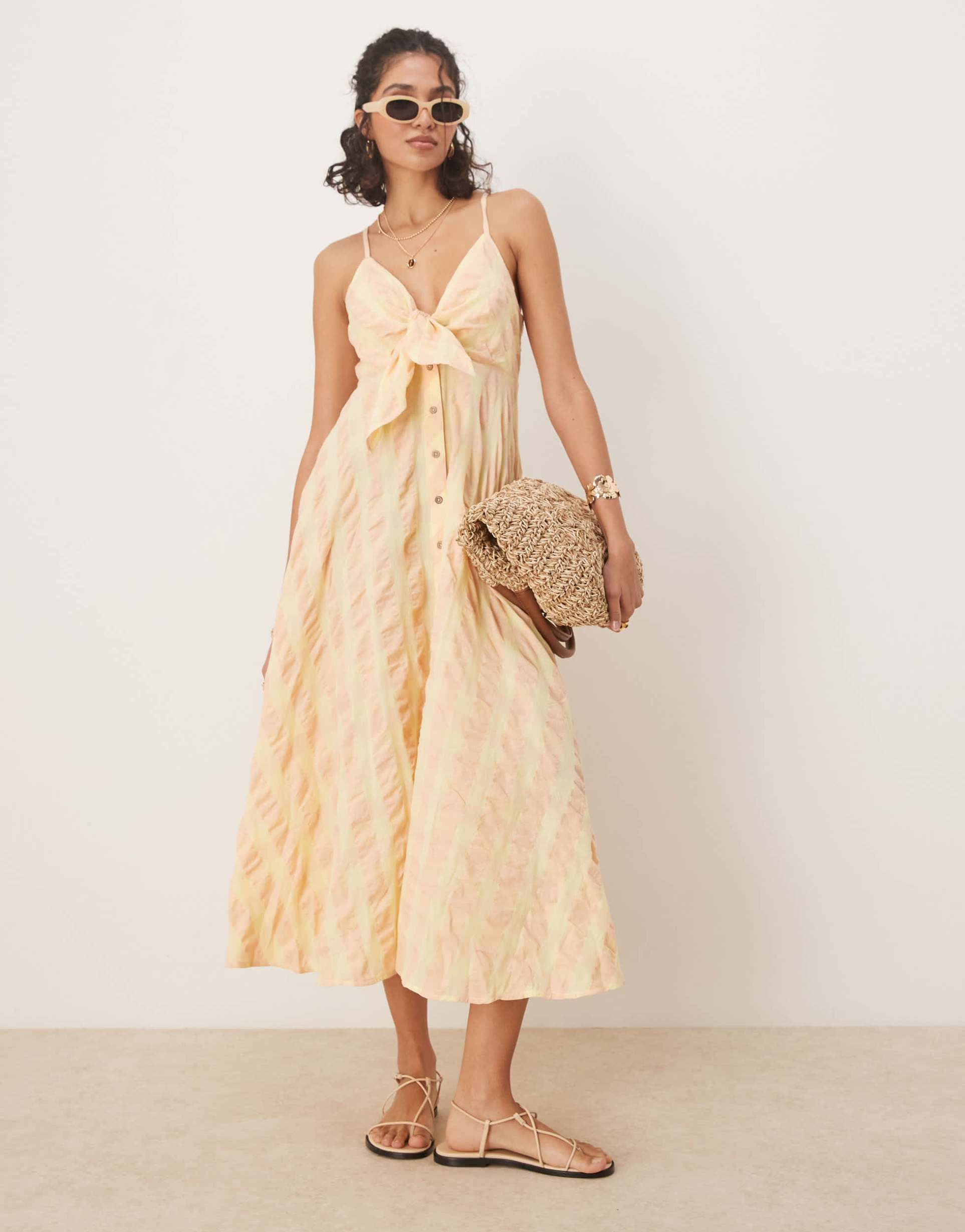 free people via gingham cami midi dress in yellow
