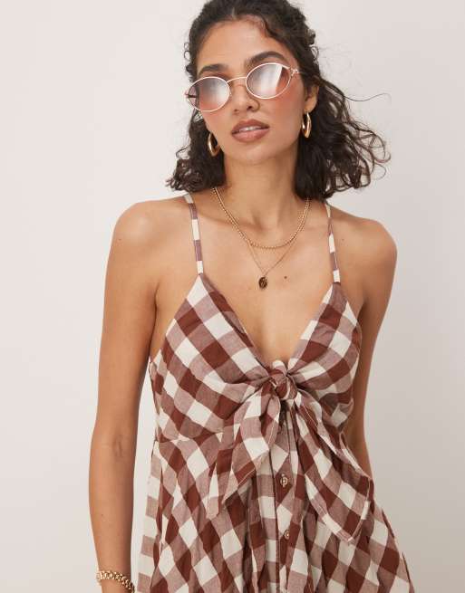 Free People - Via - Midi cami-jurk met gingham ruit in bruin, 2 van 4