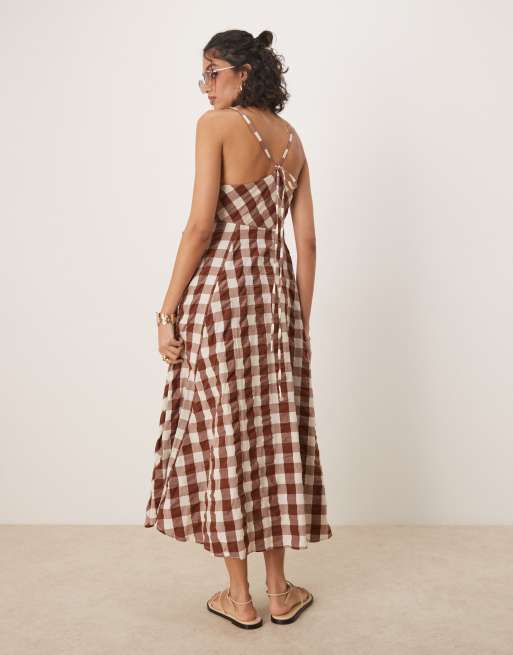 Free People - Via - Midi cami-jurk met gingham ruit in bruin, 3 van 4