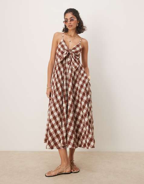 Free People - Via - Vestito midi marrone a quadretti con spalline sottili - view 1