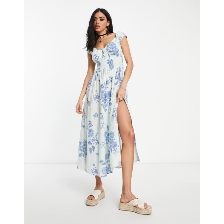 Free People vintage floral bust detail linen midi dress in baby