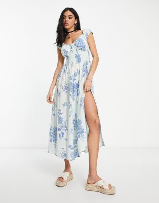 Free People Vintage Floral Bust Detail Linen Midi Dress In Baby Blue |  ModeSens