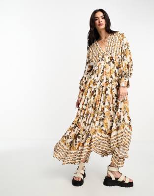 Free People vintage floral print boho smock maxi dress in ivory