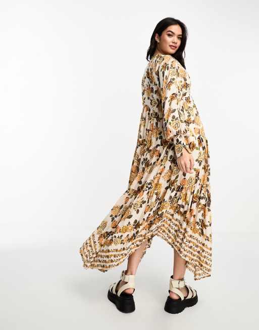 Free People vintage floral print boho smock maxi dress in ivory