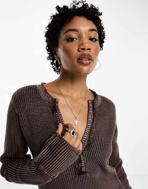 Free People waffle texture button-neck long sleeve top in brown ASOS