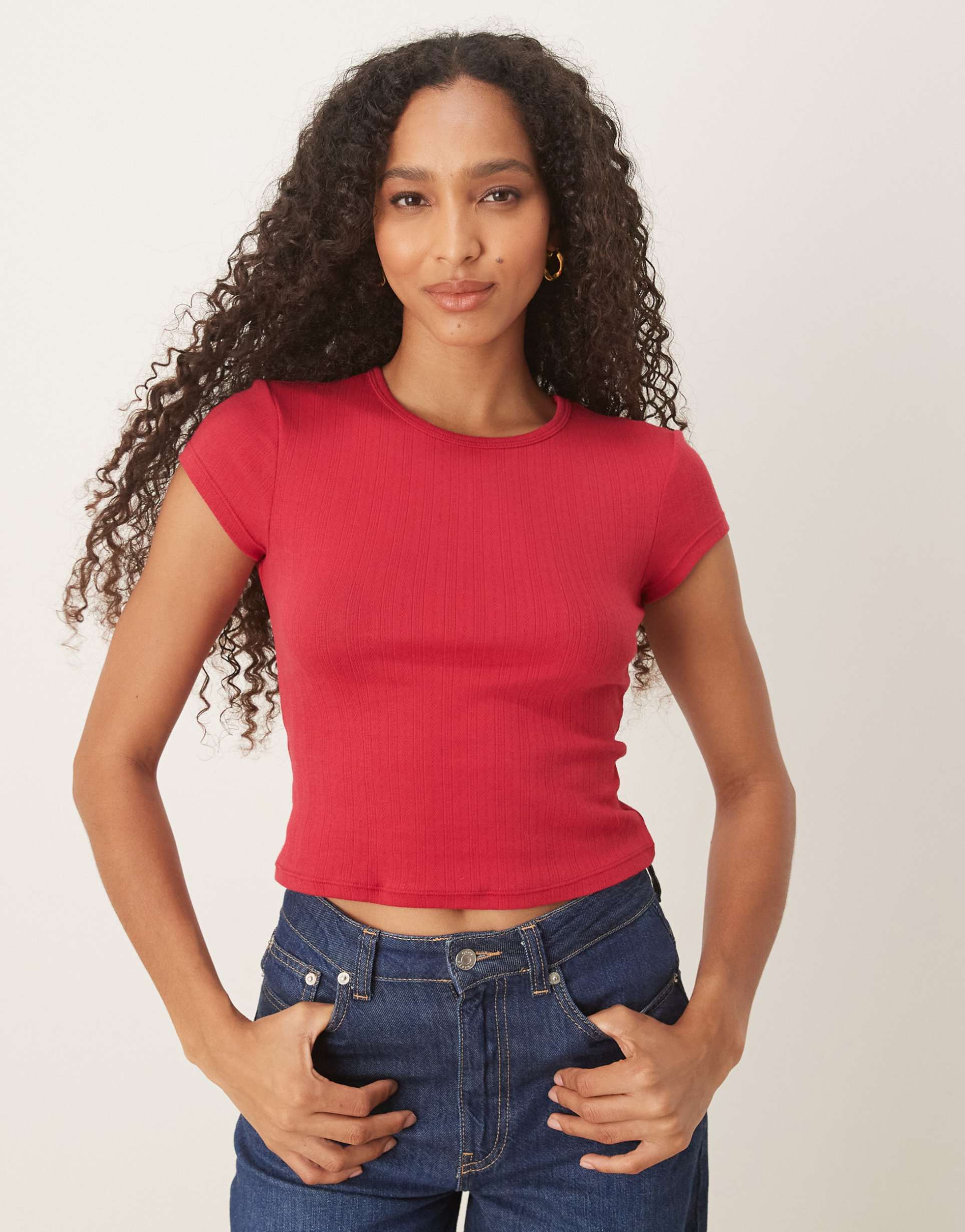 free people wait a minute pointelle baby t-shirt in lipstick red