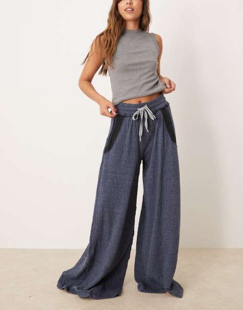 Free People wait a minute wide leg lounge trousers in soft chambray - view 1