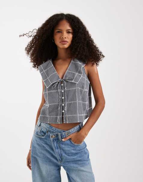 Free People – Waiting For Me – Cropped-Oberteil mit Vichykaros in Marineblau, Kombiteil - view 1