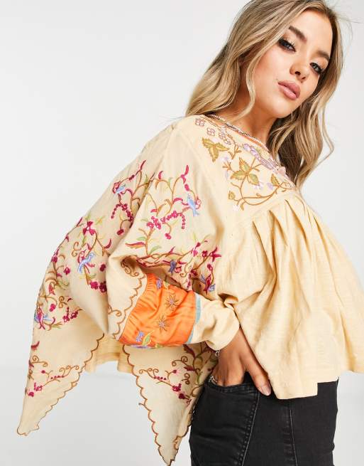 Free People – Waiting On A Sunny Day – Gul broderad topp med pingvinärm