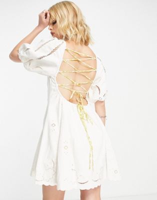 Free People Wanna Dance broderie lace up mini dress in ivory