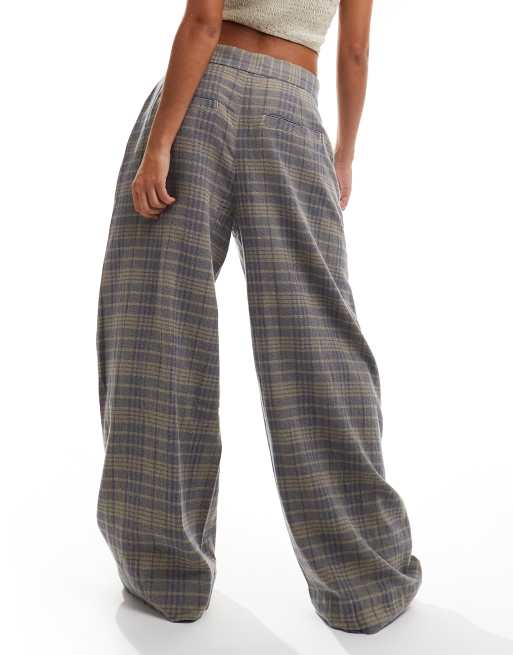 Free People wide leg baggy trousers in navy check | ASOS