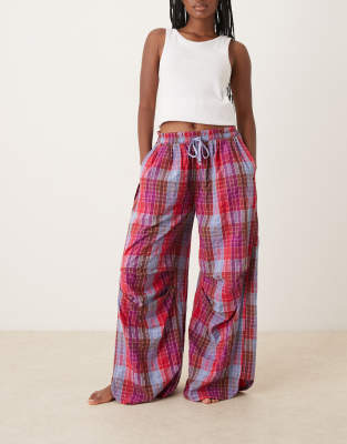 Free People Free People wide leg check pyjama trousers in maroon-Red