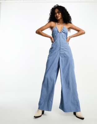 Free People wide leg denim cami jumpsuit in blue