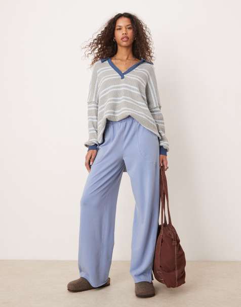 Free People wide leg lounge trousers in harbour blue