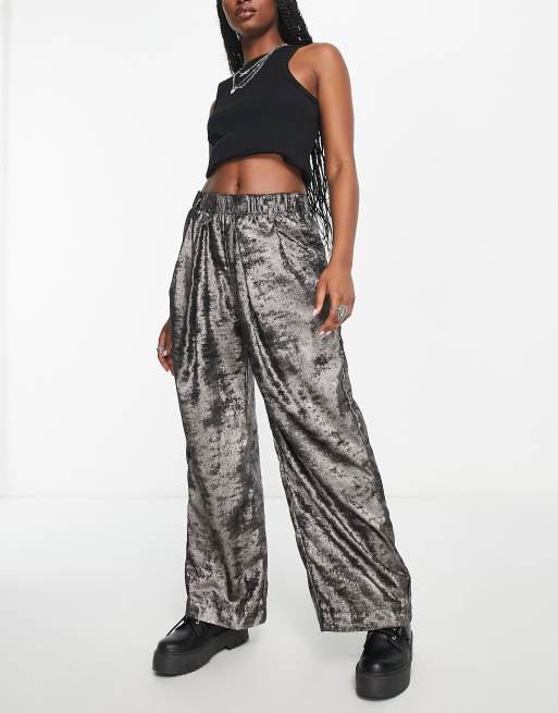 Free People wide leg pants in metallic gunmetal grey