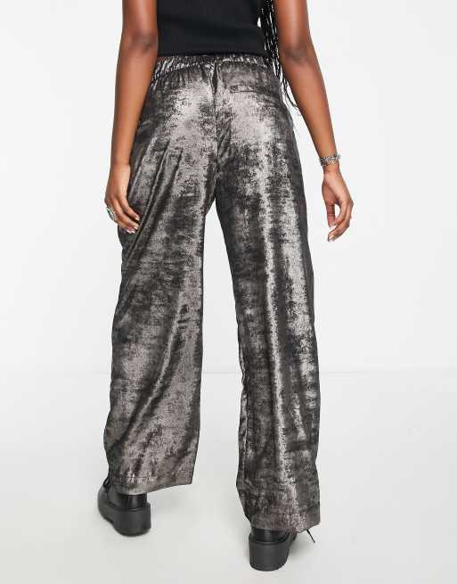 Free People wide leg trousers in metallic gunmetal grey | ASOS
