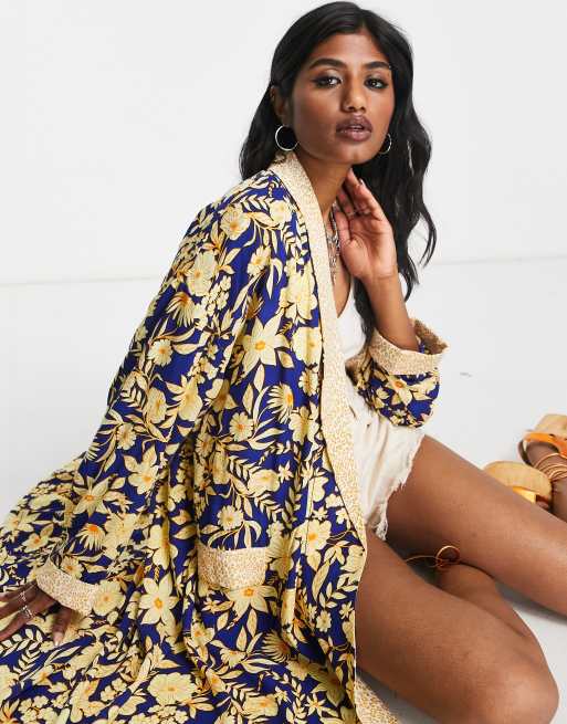 Free People – Wild Nights – Duster-Mantel mit Blumenmuster in Blau und Bunt