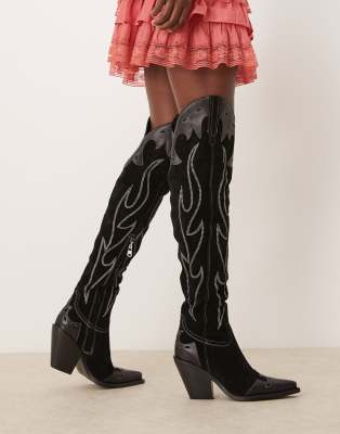 Free People Wild West thigh high suede western boots in black