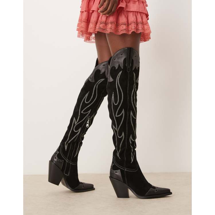 Free People wild west thigh high suede western boots in black ASOS