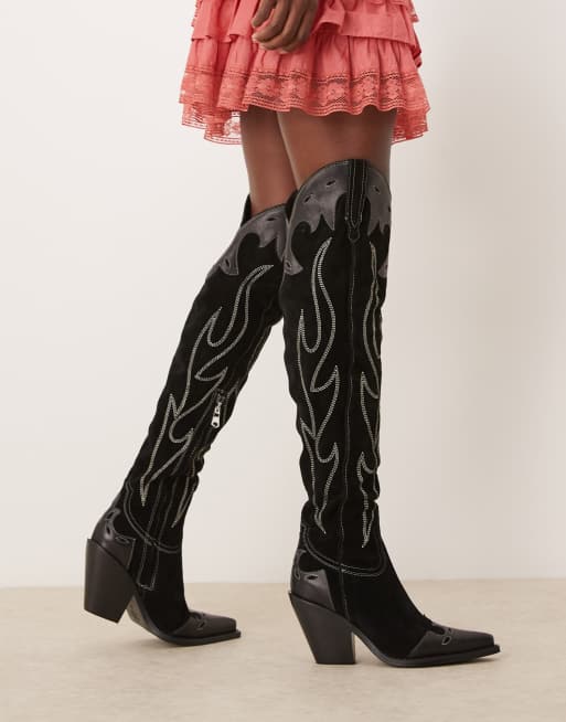 Free People wild west thigh high suede western boots in black ASOS