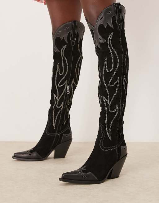 Free People Wild West thigh high suede western boots in black, 2 of 4