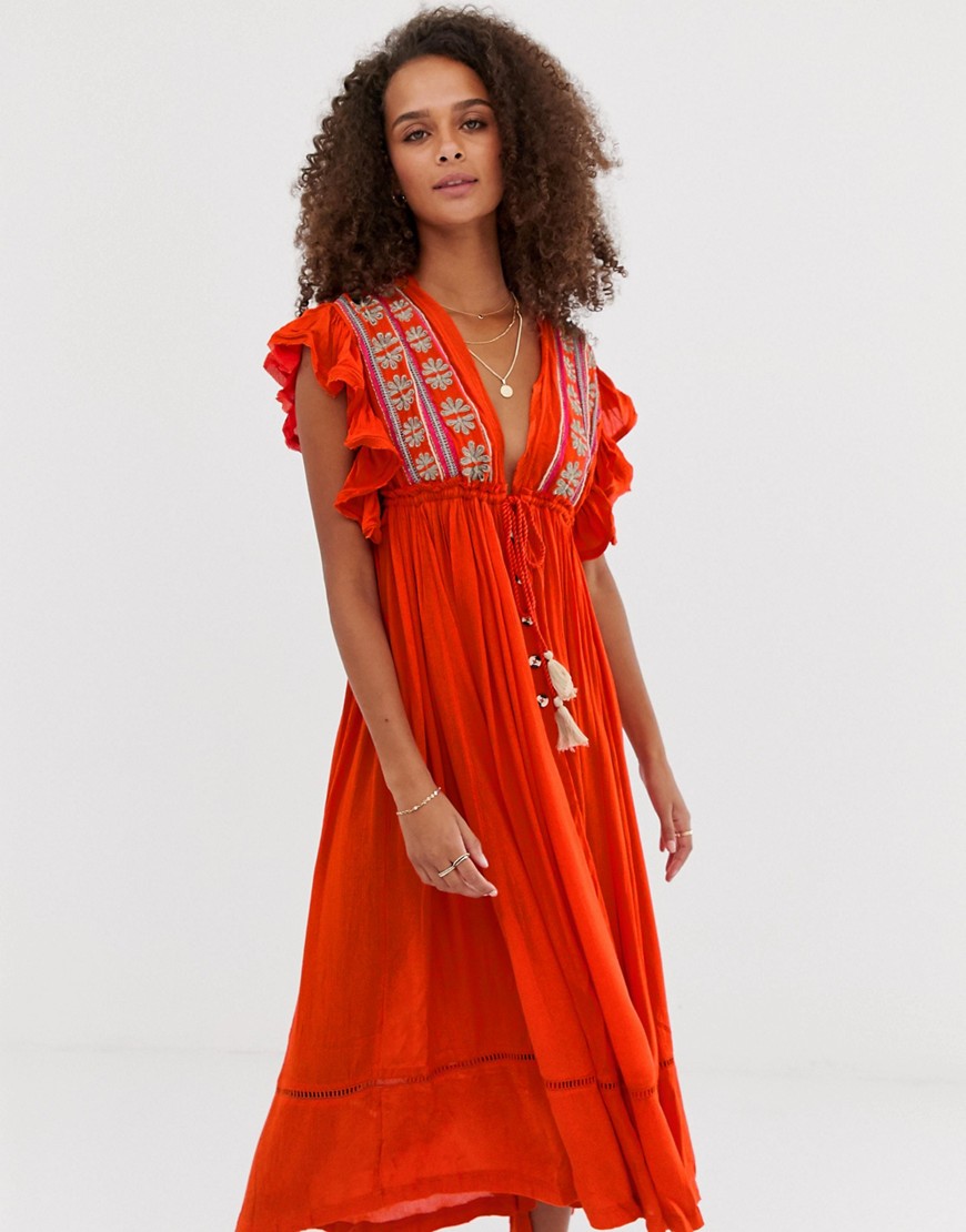 Free People Will Wait For You embroidered tassel midi dress