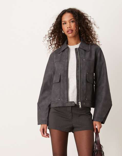 Free People Winnie faux leather moto jacket in charcoal - view 1