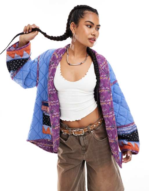 Free People winnie padded oversized print pocket jacket in blue multi ASOS