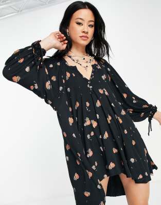 Free People winter sun floral print tunic dress in black