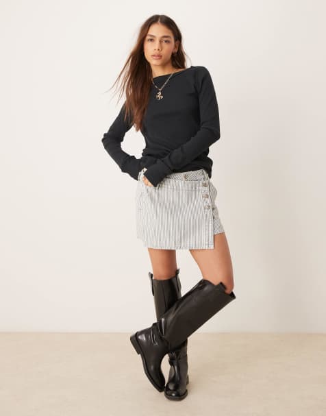 Free People wynee asymmetric striped denim skirt in light blue