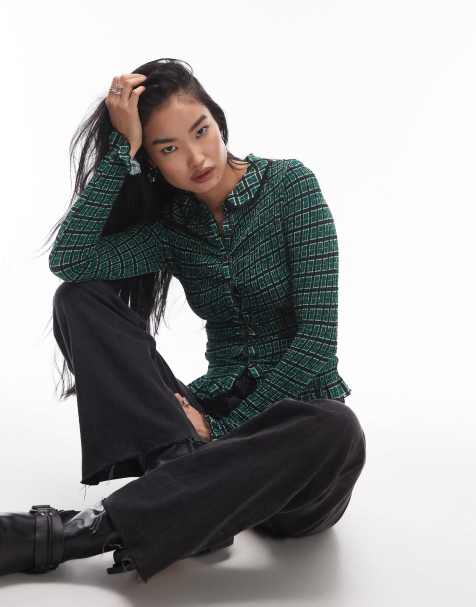 Free People check button through top in green