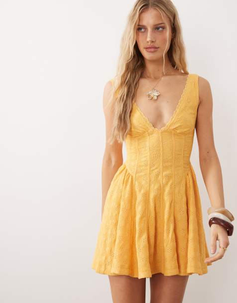 Free People – Żółta sukienka gorsetowa mini z dekoltem w szpic - view 1