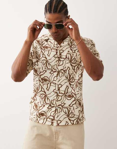 Free Society abstract print short sleeve beach shirt in beige - view 1