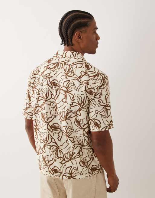 Free Society abstract print short sleeve beach shirt in beige, 3 of 5