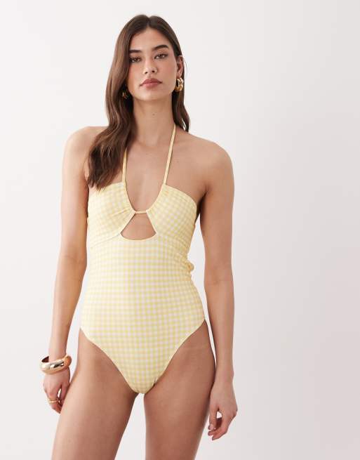 Free Society – Badeanzug in Hellgelb mit Vichy-Karos und Cut-out, 4 von 4