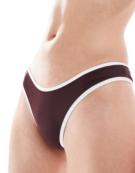 Free Society – Bikinihose mit hohem Beinausschnitt in Kaffeebraun mit Kontrastdetail in Cremeweiß - view 1
