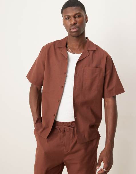 Free Society linen blend short sleeve beach shirt co-ord in brown
