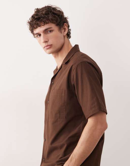 Free Society - Camicia a maniche corte in misto lino marrone scuro, 4 di 5