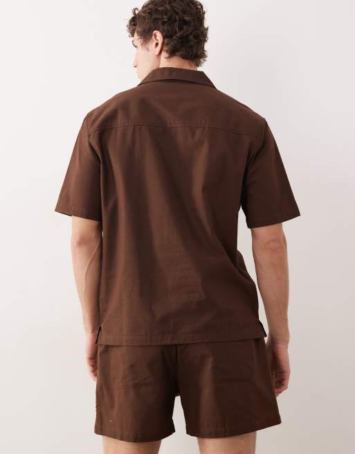 Free Society - Camicia a maniche corte in misto lino marrone scuro, 5 di 5