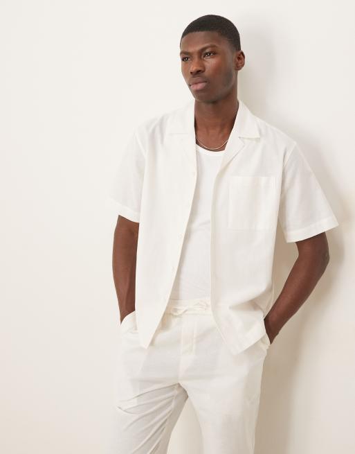 Free Society - Camicia da spiaggia a maniche corte in misto lino bianco sporco in coordinato